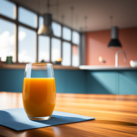 Focus on a glass or orange juice on the kitchen table