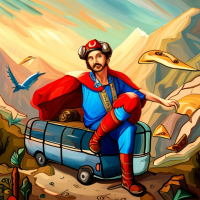 Super Mario dressed as a medieval knight riding a pterodactyl in the back of a bus, Baroque painting