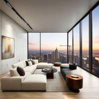Contemporary living room with large windows overlooking a cityscape, neutral color palette, minimalistic design, sleek modern furniture, gallery wall of abstract art, warm lighting, high detail, open floor plan